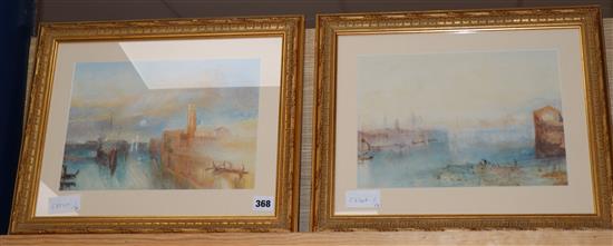 After J M W Turner, pair of watercolours, Moonrise, The Giudecca and The Giudecca from the lagoon, Venice, 21 x 30cm